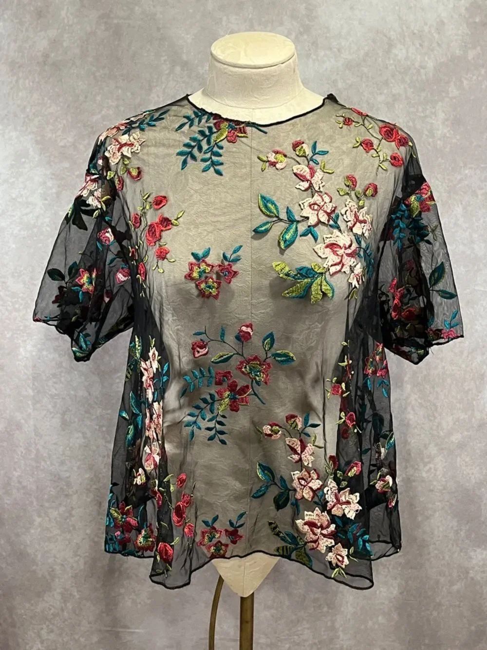 Kimchi Blue Anthropologie Black Sheer Embroidered Floral Short Sleeve Top